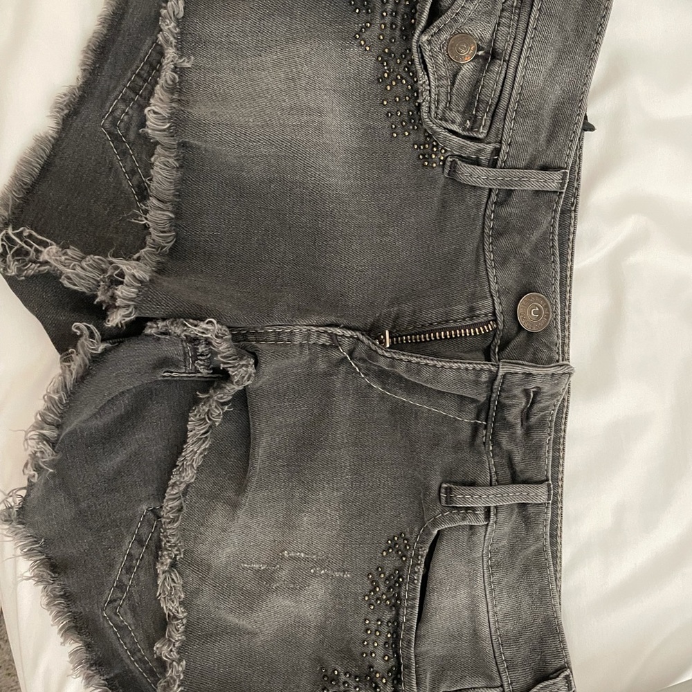 True Religion Gray Jean Shorts with Beaded Detail